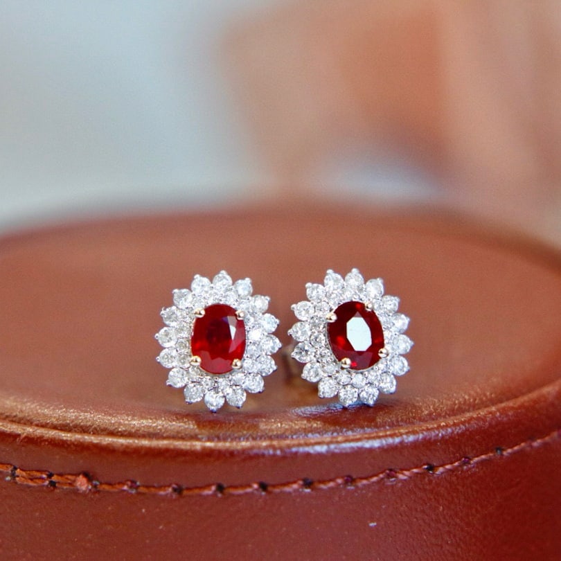 14k Gold 1.47 Ctw Vivid Red Natural Ruby & Diamond Earrings - 3