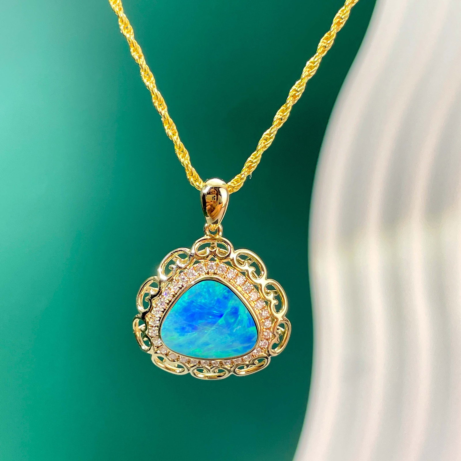 14k Gold 1.72 Ct Natural Opal & Diamond Pendant( Without Chain ) - 4