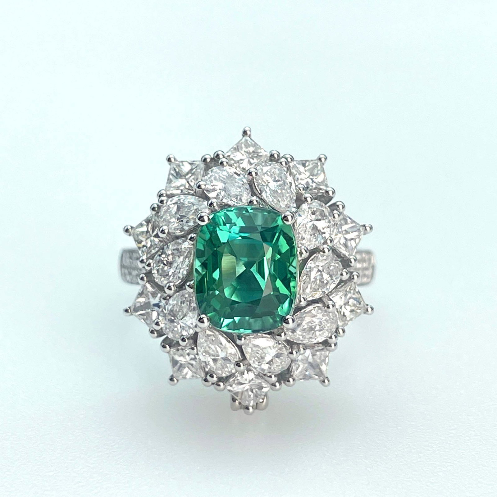 14k Gold 3.58 Ct Natural Tourmaline & Diamond Ring/pendant( Without Chain ): Ref:230943029 // gold content:14k gold // ring size:7. 25us // // main gemstone:tourmaline // shape:cushion // carat weight:3. 58ct // color:mint green // treatment:natural // // adjacent gemstone 2 :