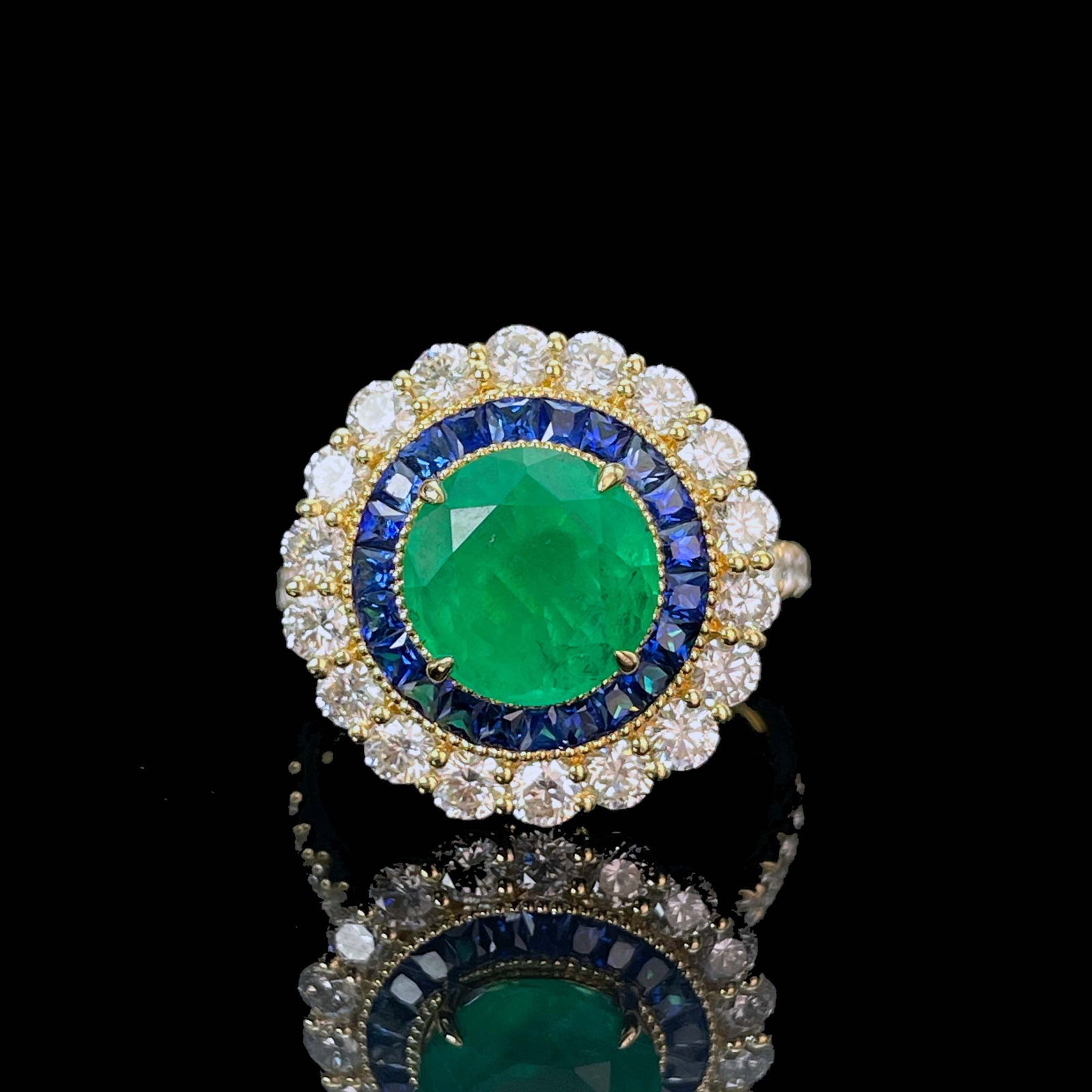 14k Gold 3.50 Ctw Vivid Green Natural Emerald & Diamond Ring/pendant( Without Chain ): Ref:230943117 // gold content:14k gold // ring size:7. 25us // // main gemstone:emerald // shape:round // carat weight:2. 00ct // color:vivid green // treatment:natural // cut grade:g // // adjacent g