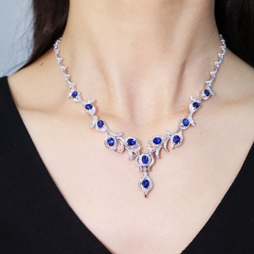 14k Gold 9.71 Ctw Vivid Blue Natural Sapphire & Diamond Necklace - 5