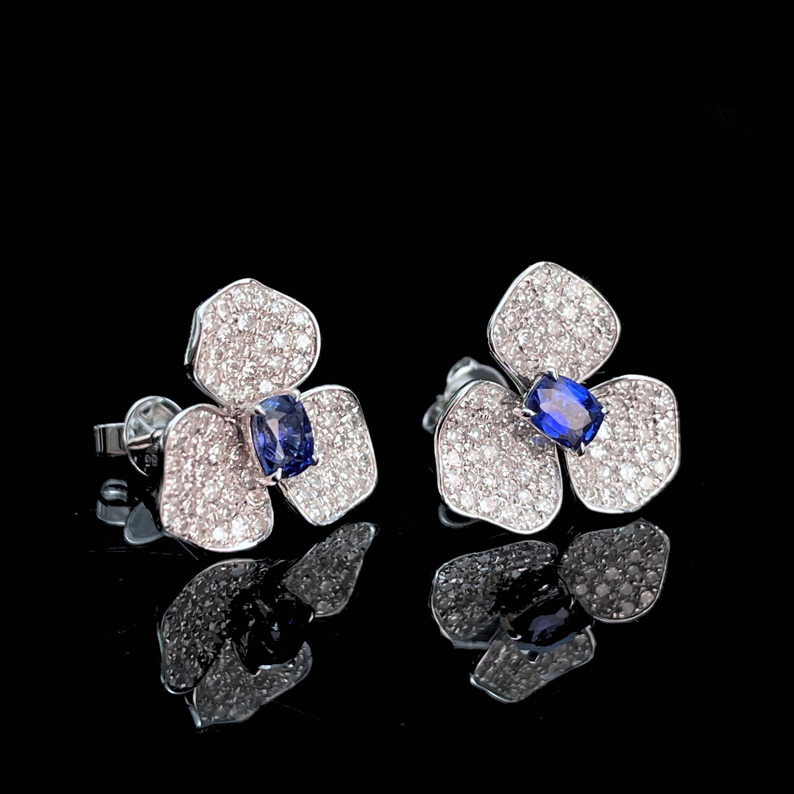 14k Gold 1.26 Ctw Natural Sapphire & Diamond & Flowers Earrings - 3