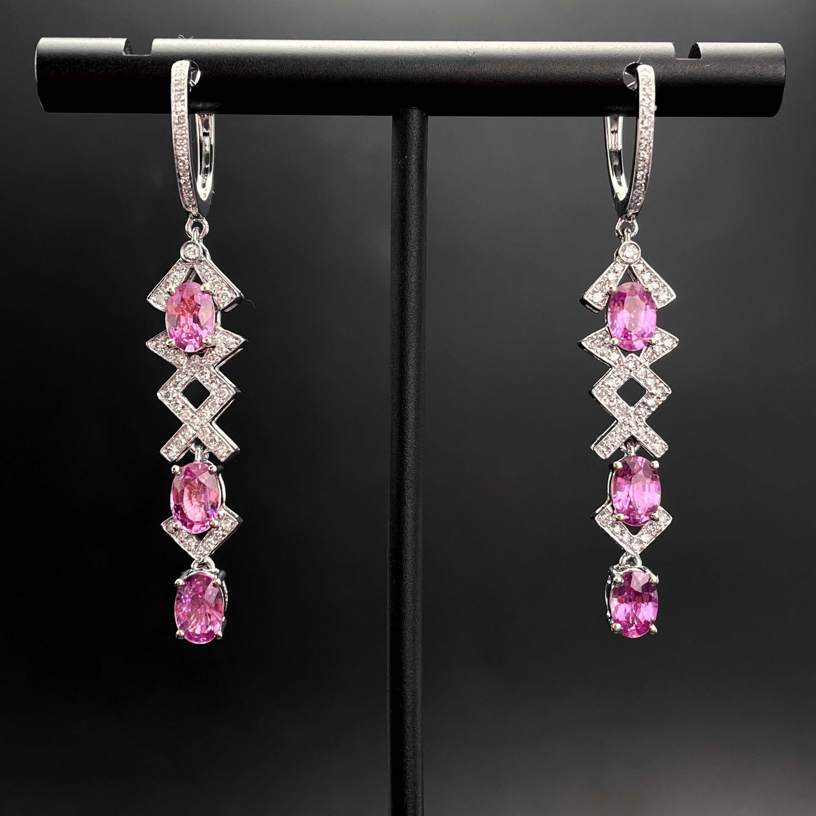 14k Gold 3.43 Ctw Natural Padparadscha Sapphire & Diamond Earrings: Ref:230943161 // gold content:14k gold // main gemstone:padparadscha sapphire // shape:oval // carat weight:3. 10ct // color:orangish pink // treatment:natural // // adjacent gemstone 2 : diamond