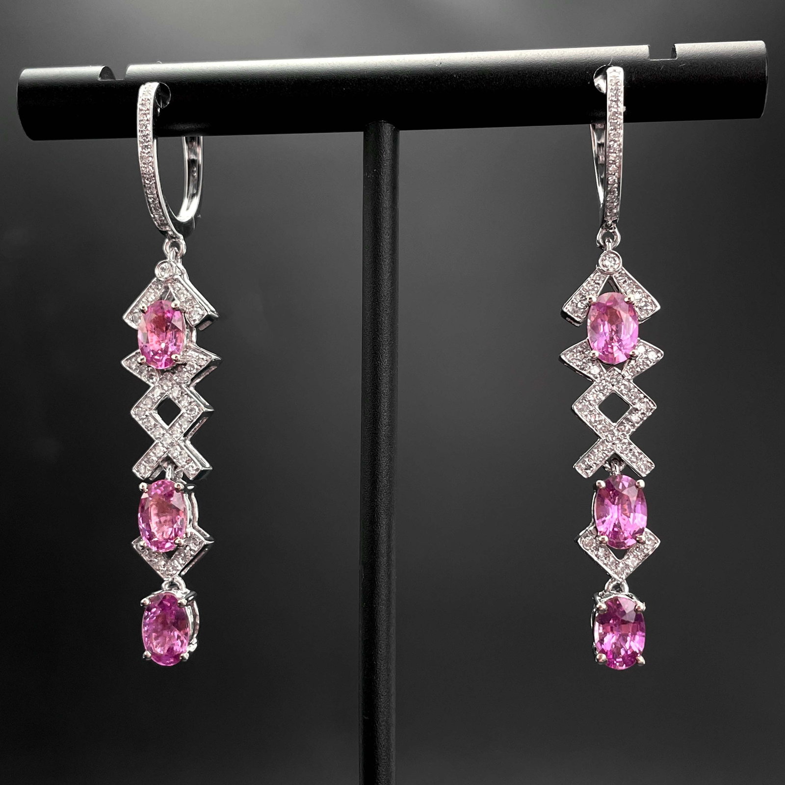 14k Gold 3.43 Ctw Natural Padparadscha Sapphire & Diamond Earrings - 2