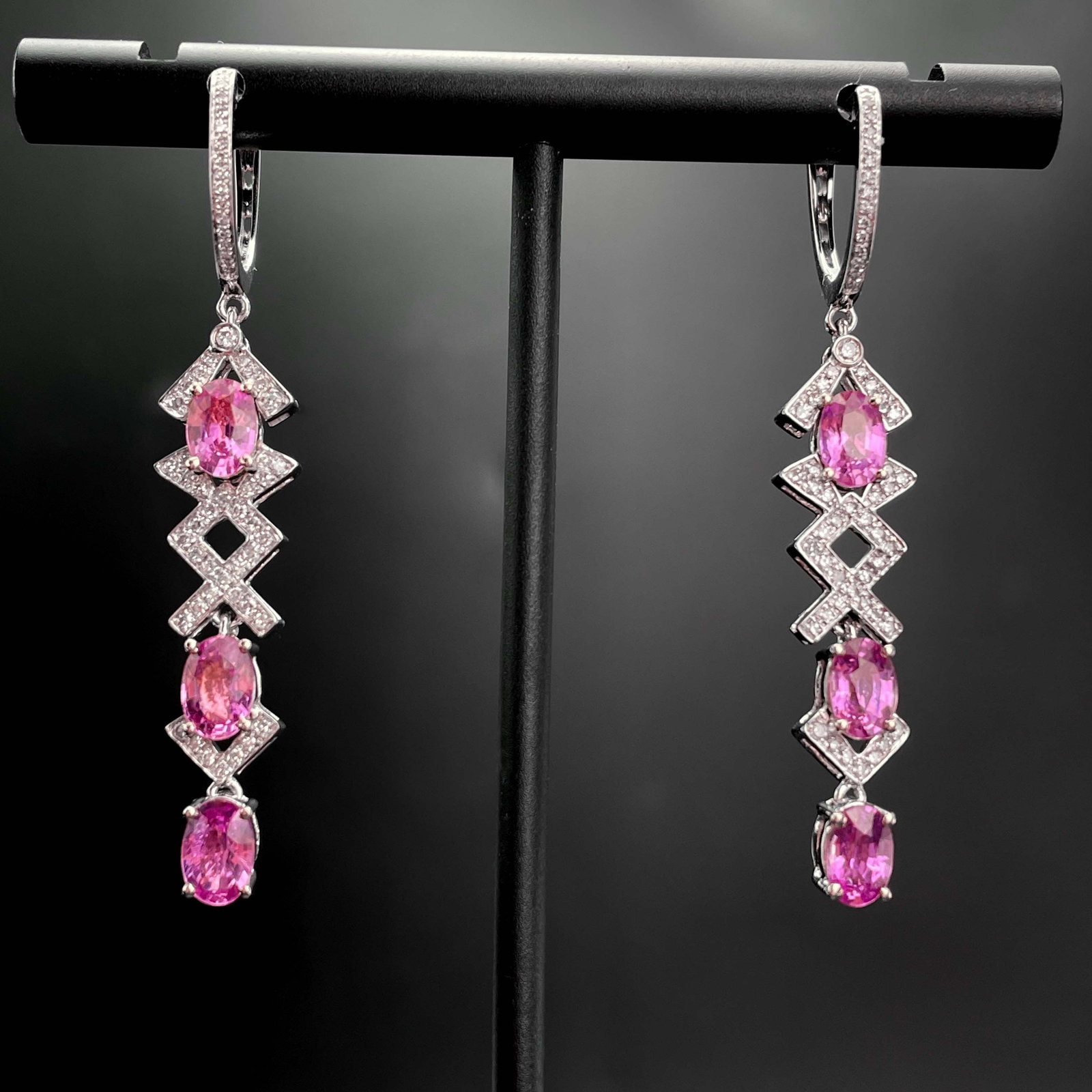 14k Gold 3.43 Ctw Natural Padparadscha Sapphire & Diamond Earrings - 5