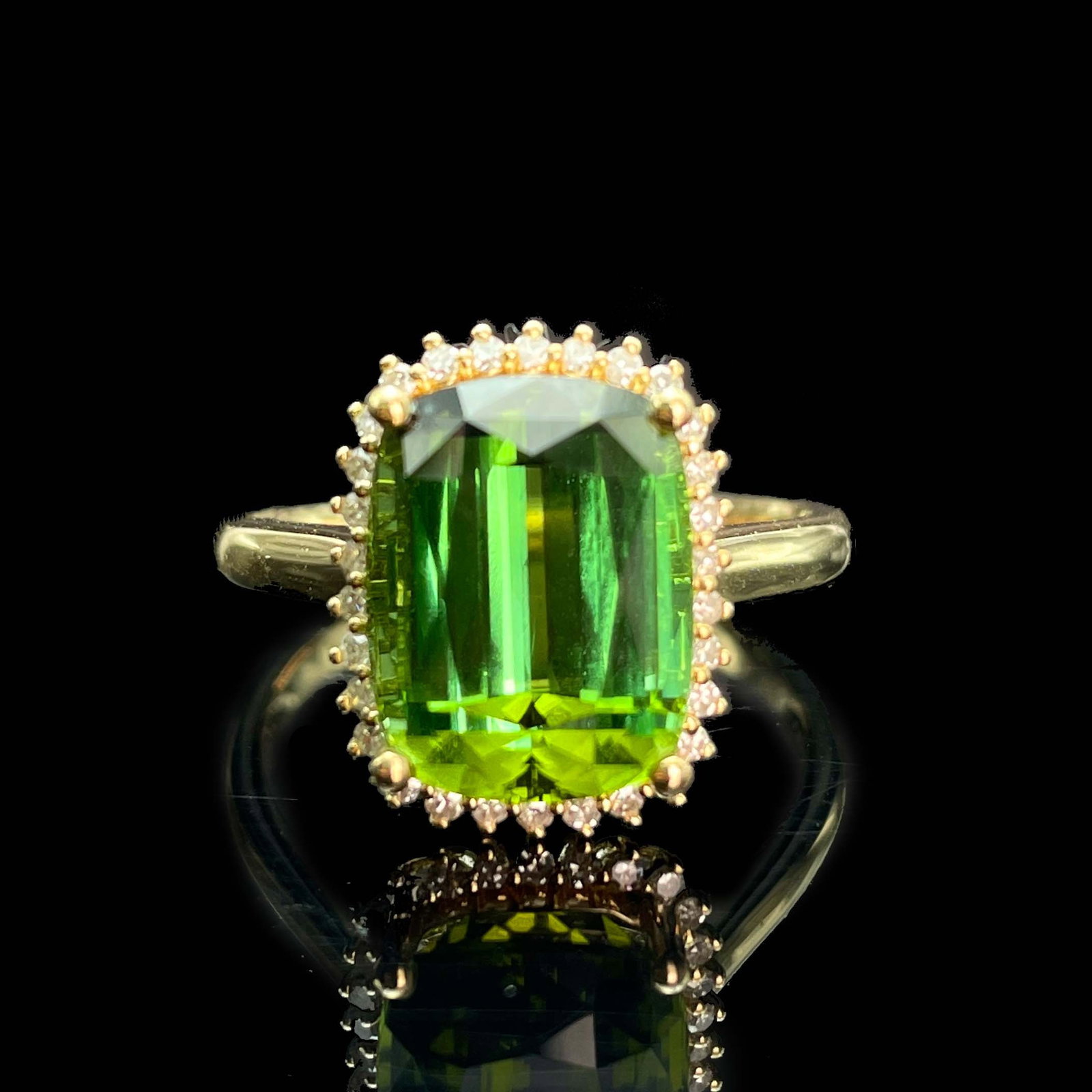 14k Gold 4.16 Ctw Natural Tourmaline & Diamond Ring: Ref:230943172 // gold content:14k gold // ring size:7. 25us // // main gemstone:tourmaline // shape:cushion // carat weight:4ct // color:green // treatment:natural // // adjacent gemstone 2 :