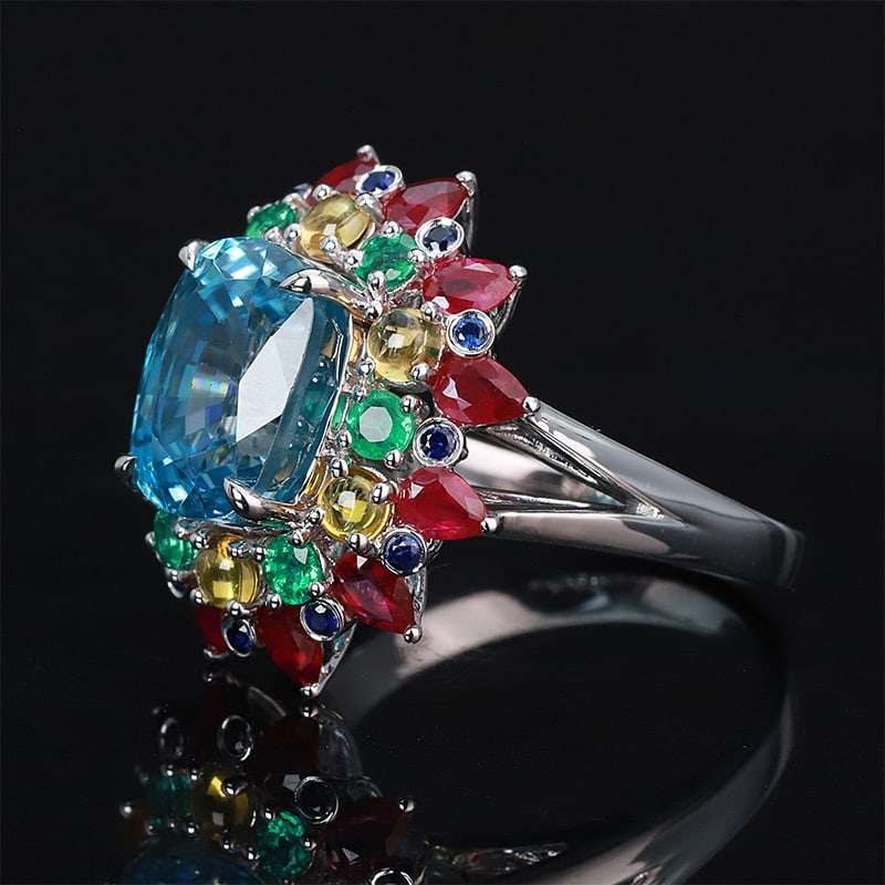 14k Gold 6.9 Ct Natural Zircon & Emerald & Ruby & Sapphire Ring - 2
