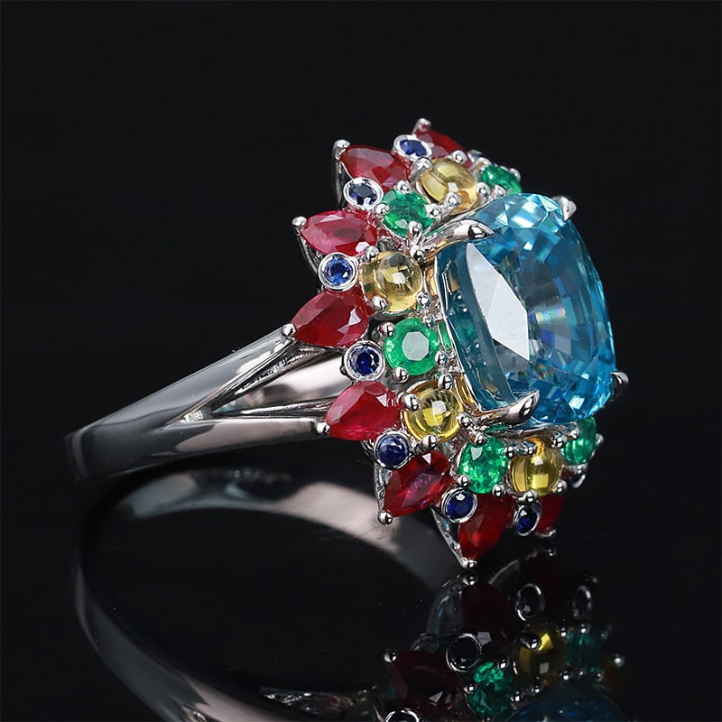 14k Gold 6.9 Ct Natural Zircon & Emerald & Ruby & Sapphire Ring - 3