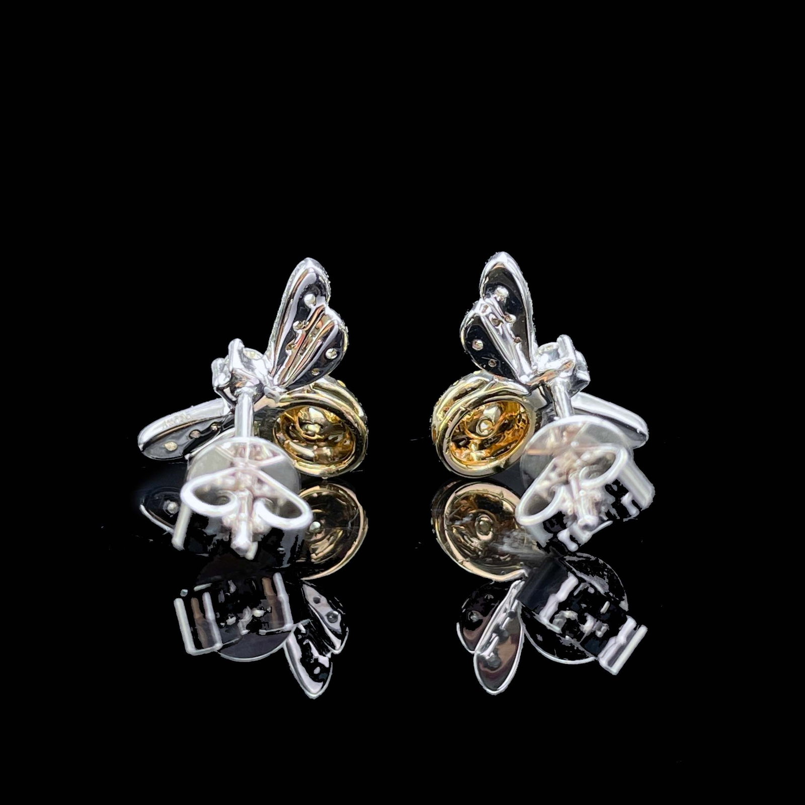 14k Gold 0.48 Ctw Natural Yellow Diamond & Diamond & Bees Earrings - 2