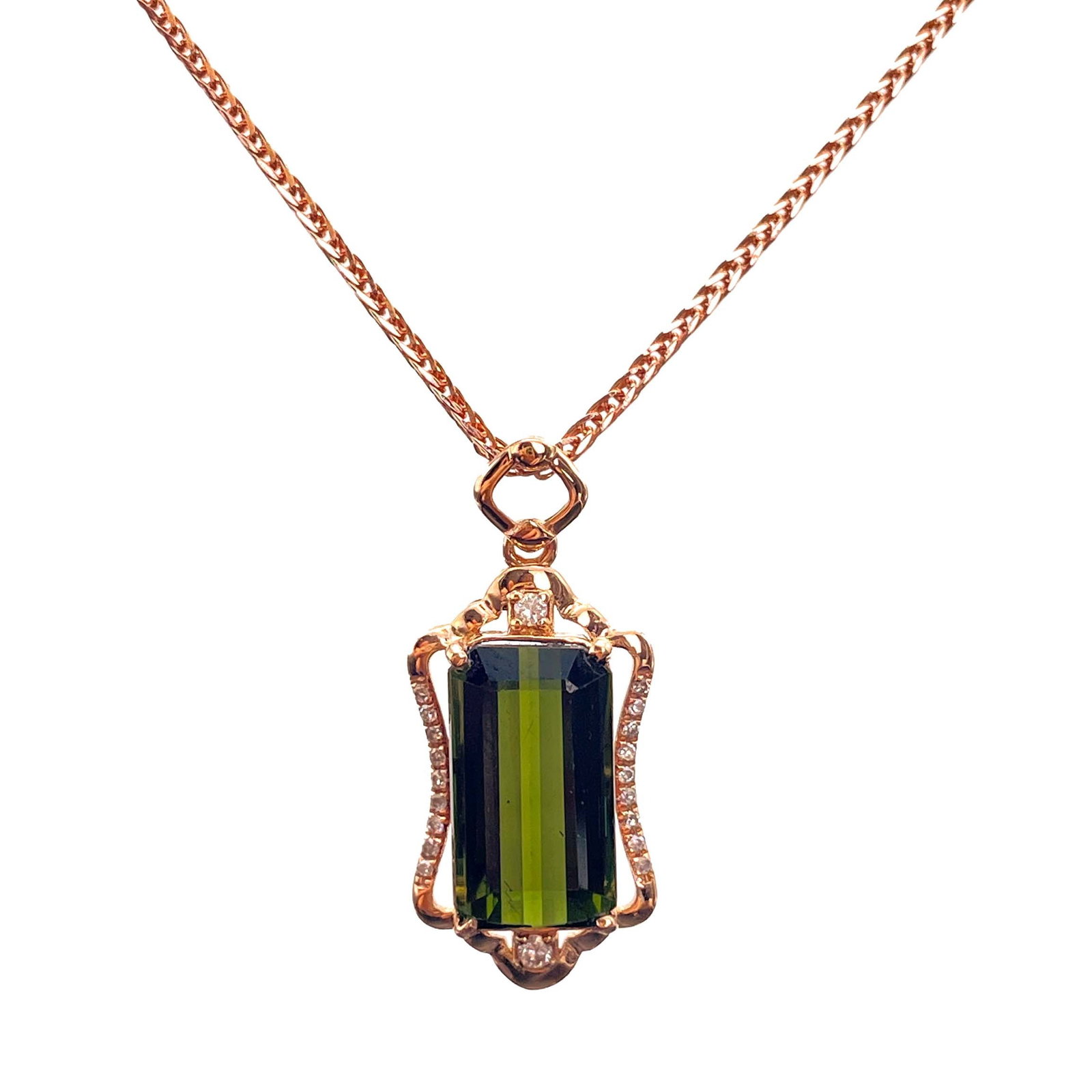 14k Gold 2.93 Ctw Natural Tourmaline & Diamond Pendant( Without Chain ): Ref:230943258 // gold content:14k gold // main gemstone:tourmaline // shape:octagonal // carat weight:2. 85ct // color:green // treatment:natural // // adjacent gemstone 2 : diamond // number of