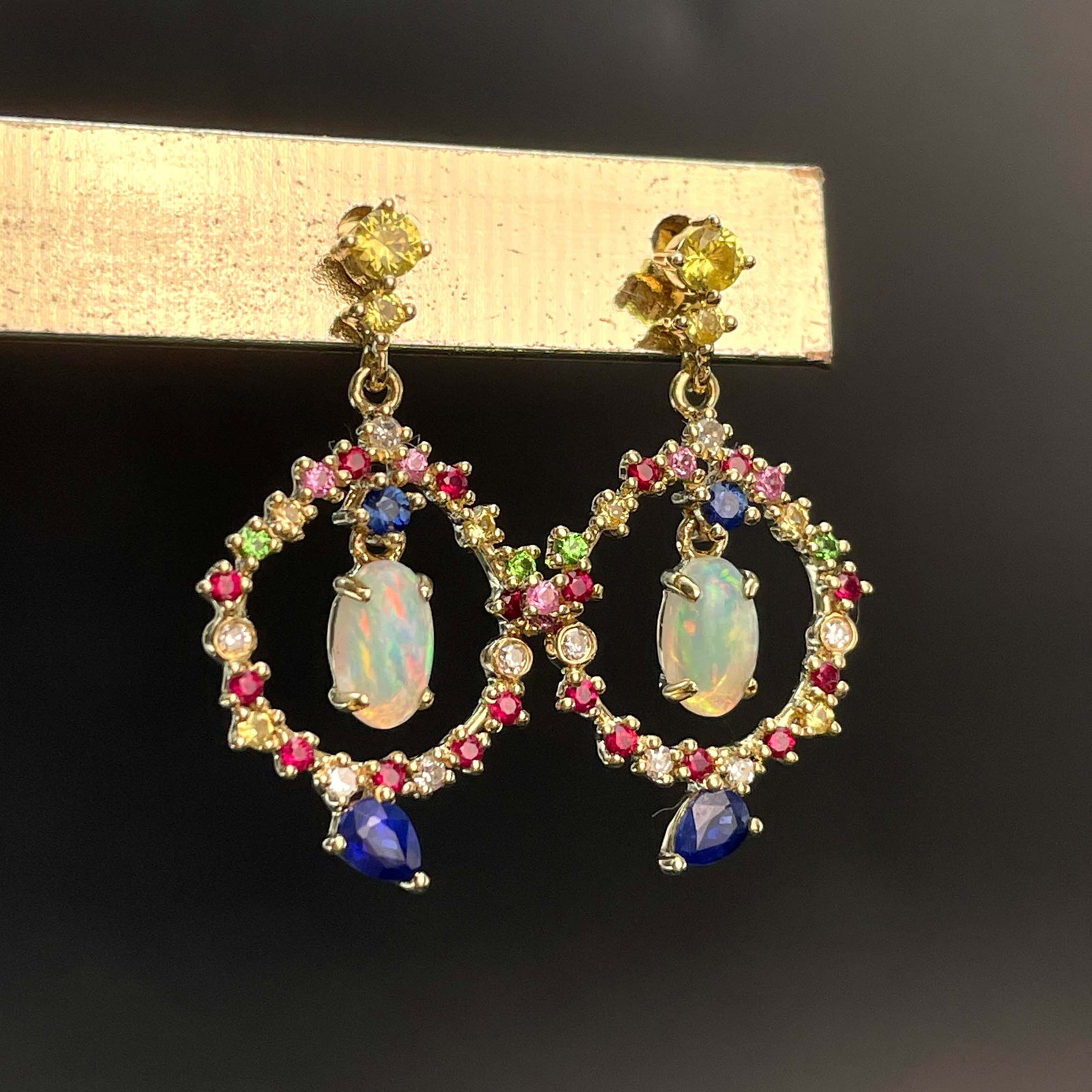 14k Gold 0.4 Ct Natural Opal & Diamond & Sapphire & Ruby & Tsavorite Earrings - 2