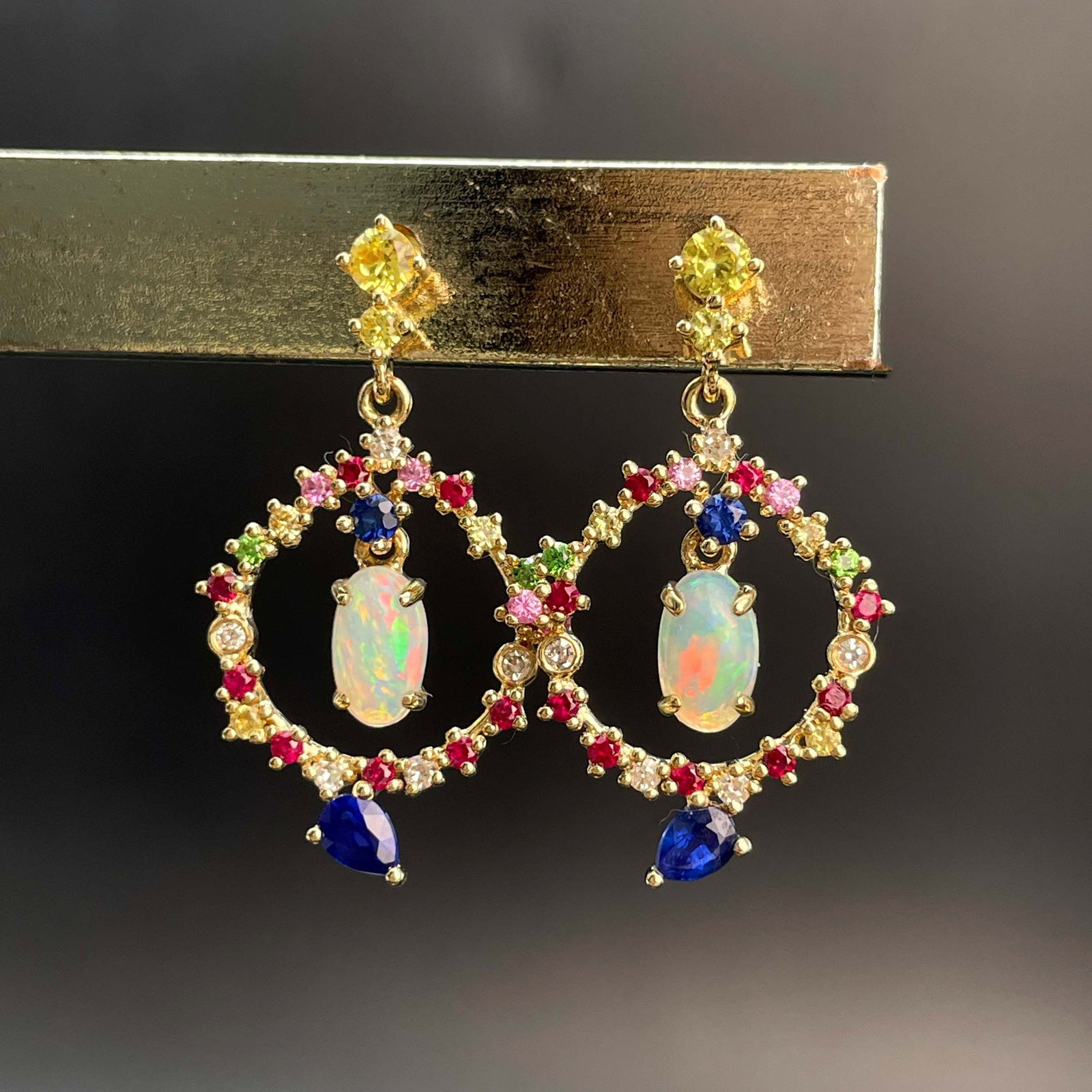 14k Gold 0.4 Ct Natural Opal & Diamond & Sapphire & Ruby & Tsavorite Earrings - 4