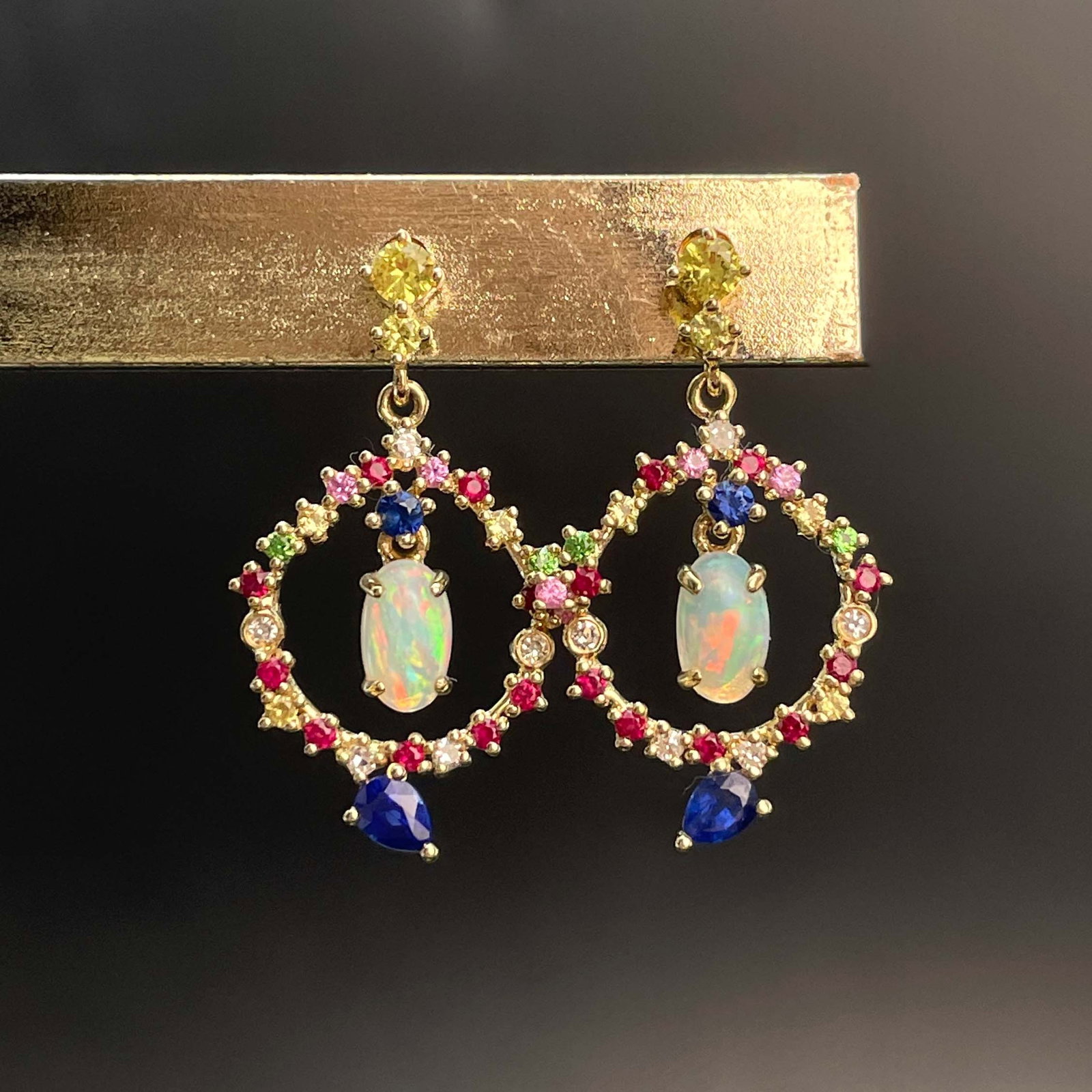 14k Gold 0.4 Ct Natural Opal & Diamond & Sapphire & Ruby & Tsavorite Earrings - 5