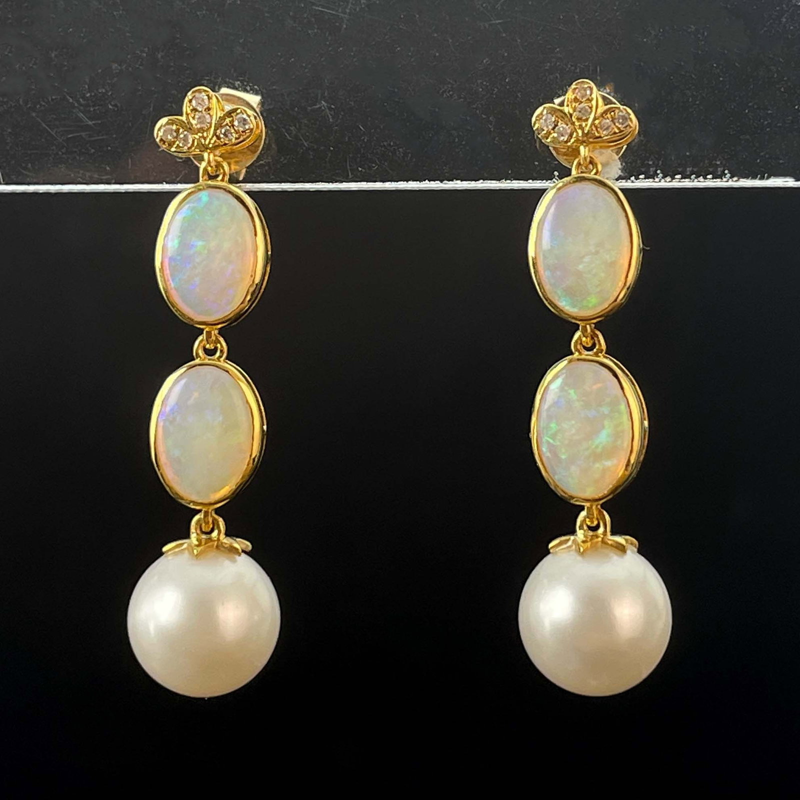 14k Gold 1.69 Ctw Natural Opal & Diamond Earrings - 2