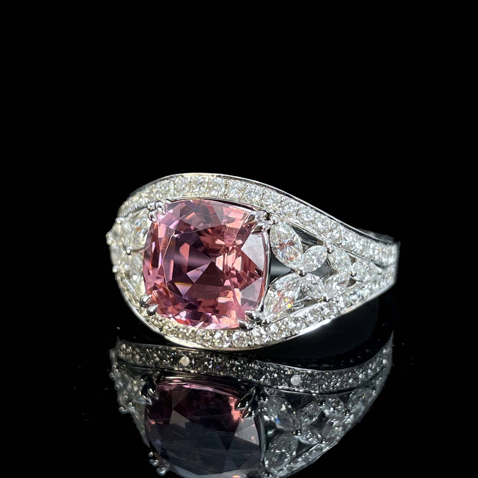 14k Gold 4.47 Ctw Natural Tourmaline & Diamond Ring: Ref:230943359 // gold content:14k gold // ring size:7. 25us // // main gemstone:tourmaline // shape:cushion // carat weight:3. 27ct // color:pink // treatment:natural // // adjacent gemstone 2 : diamo