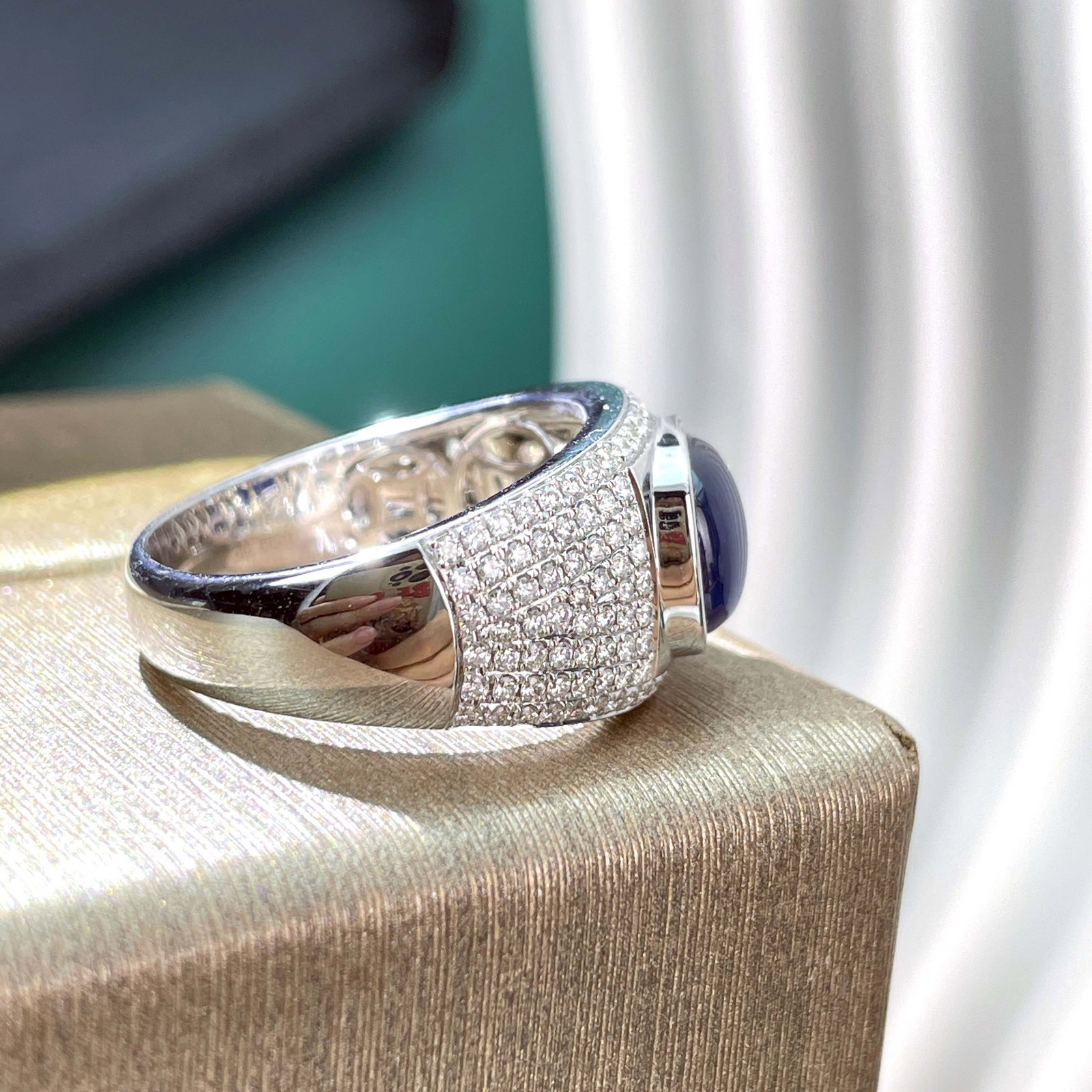 14k Gold 3.16 Ct Natural Sapphire & Diamond & Men¡¯s Ring - 2