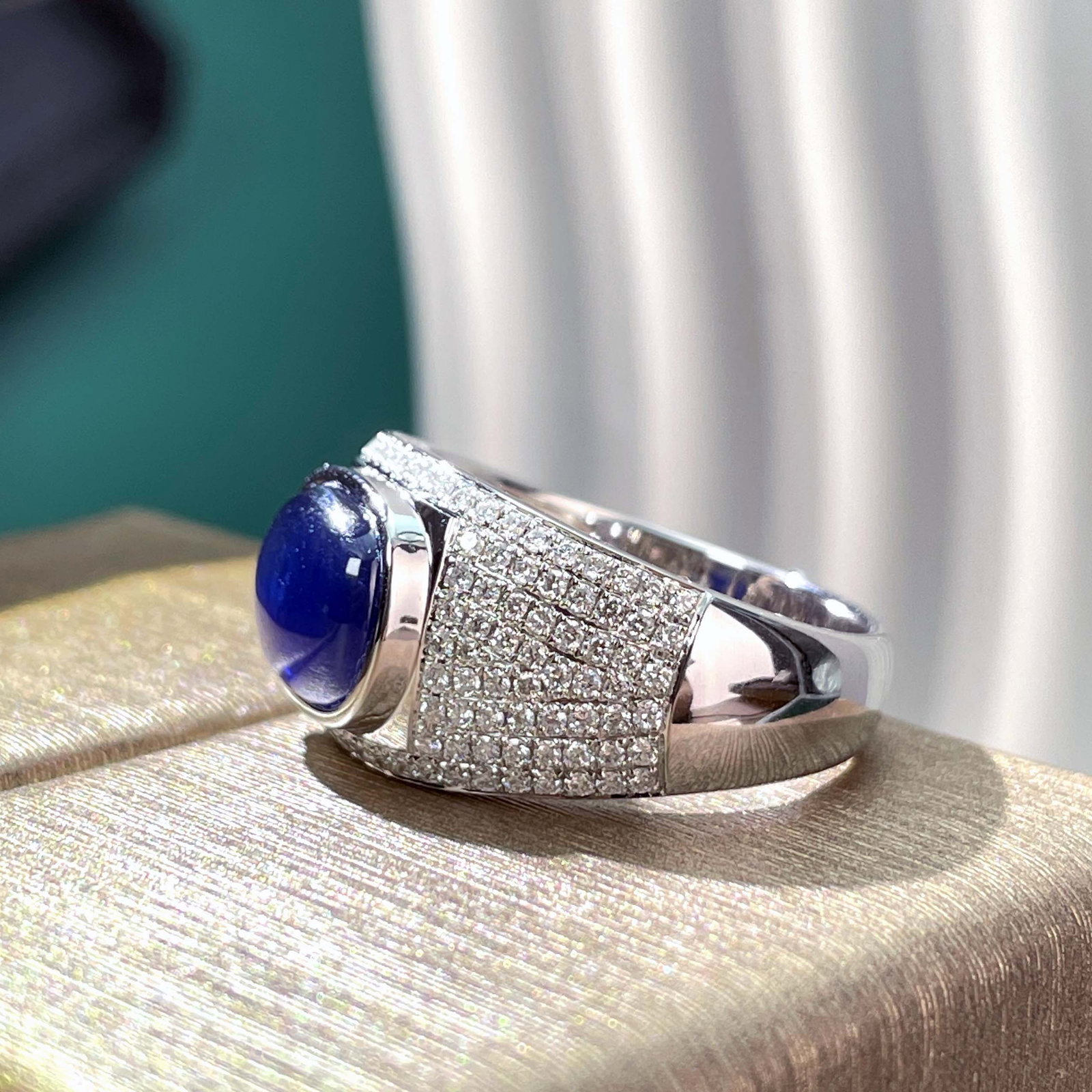 14k Gold 3.16 Ct Natural Sapphire & Diamond & Men¡¯s Ring - 4