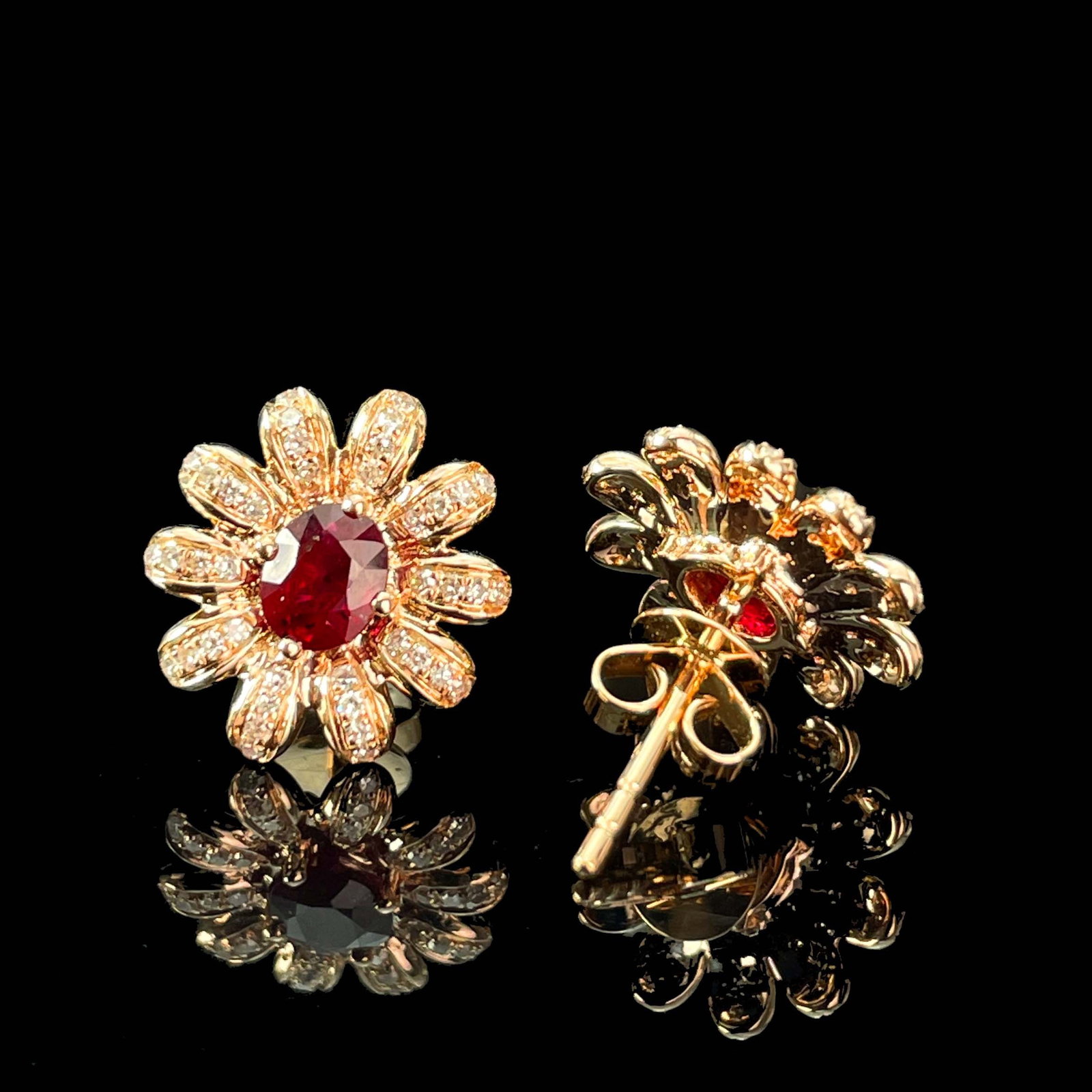 14k Gold 0.7 Ct Natural Ruby & Diamond Earrings - 4