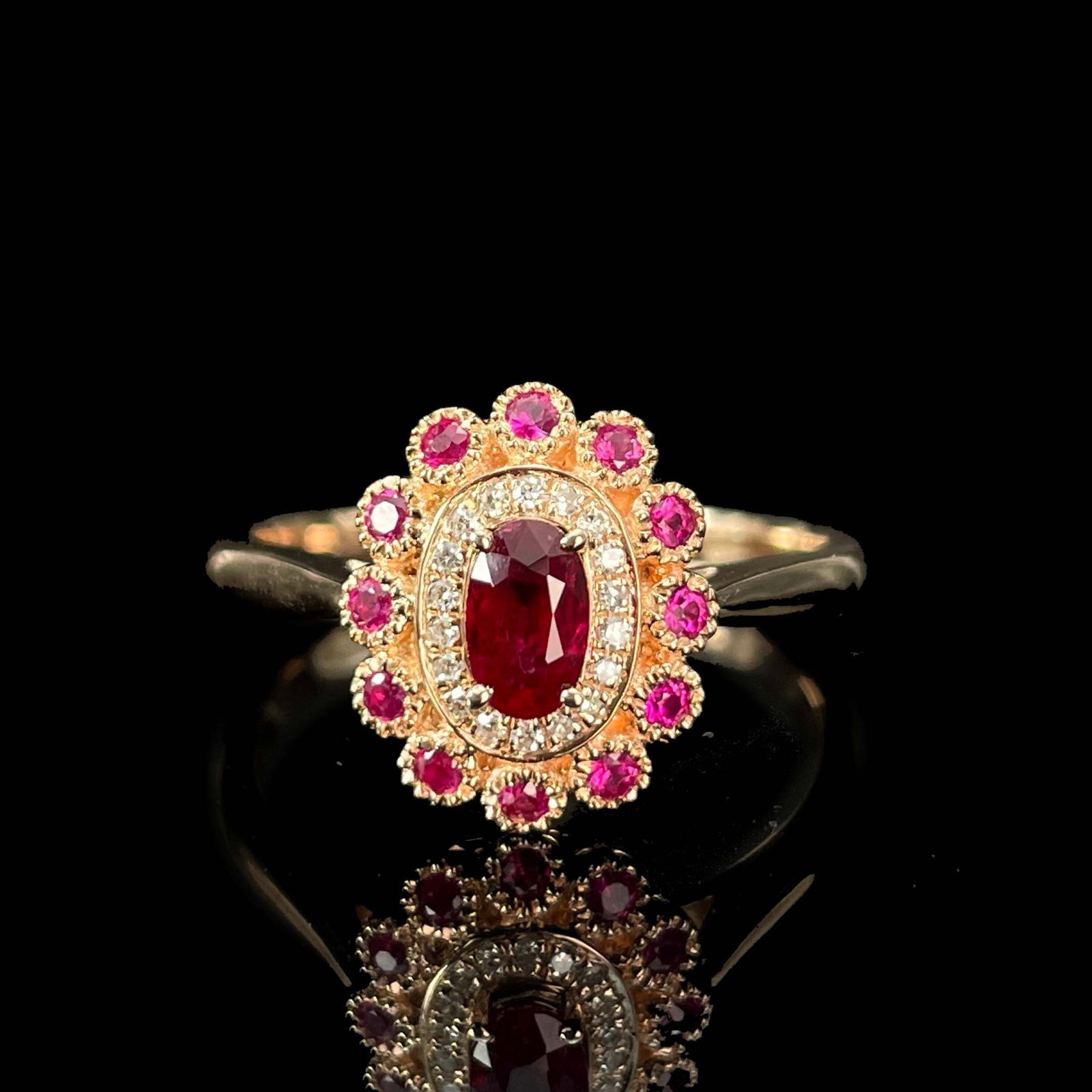 14k Gold 0.40 Ctw Natural Ruby & Diamond Ring: Ref:230943577 // gold content:14k gold // ring size:7. 25us // // main gemstone:ruby // shape:oval // carat weight:0. 35ct // color:red // treatment:natural // // adjacent gemstone 2 : diamond //