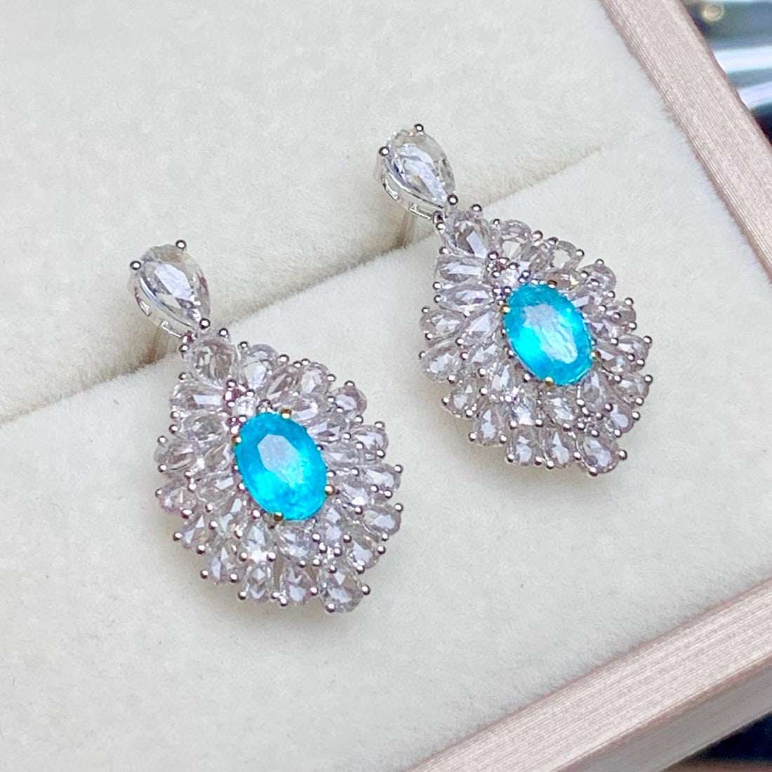 14k Gold 1 Ct Natural Paraiba Tourmaline & Sapphire Earrings - 2