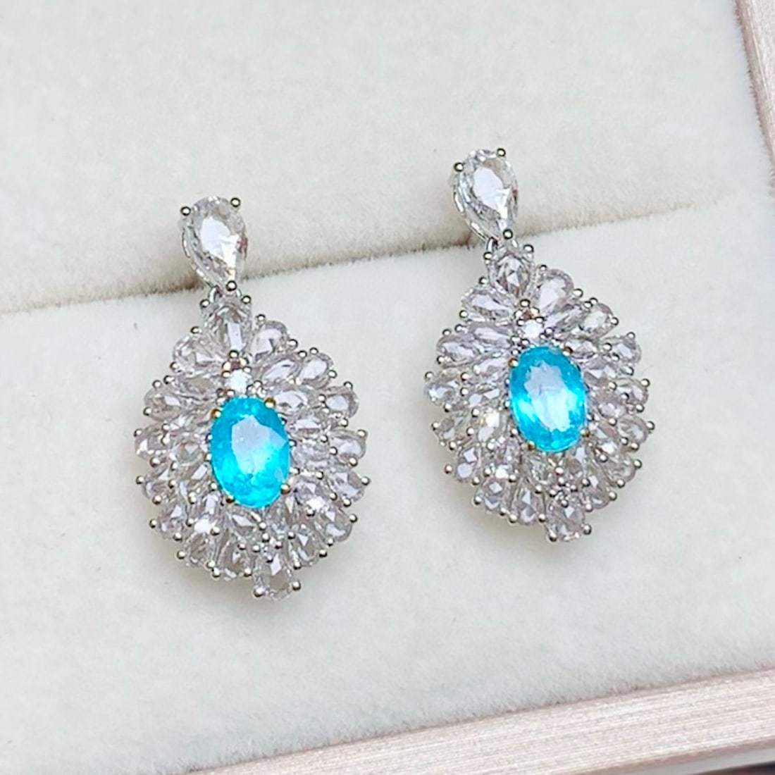 14k Gold 1 Ct Natural Paraiba Tourmaline & Sapphire Earrings - 4