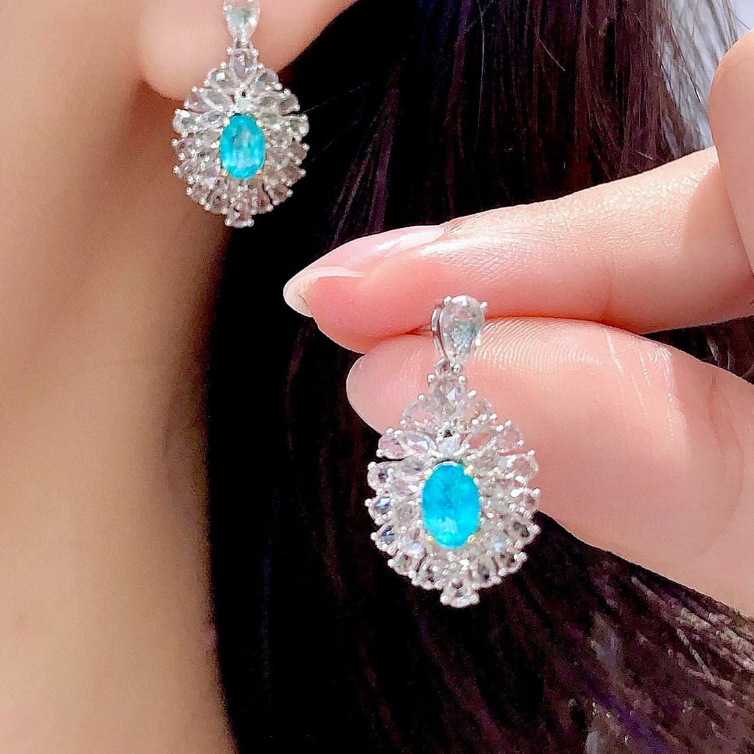 14k Gold 1 Ct Natural Paraiba Tourmaline & Sapphire Earrings - 5