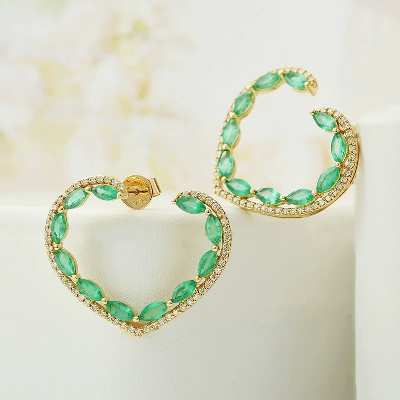 14k Gold 3.61 Ctw Natural Emerald & Diamond Earrings - 4