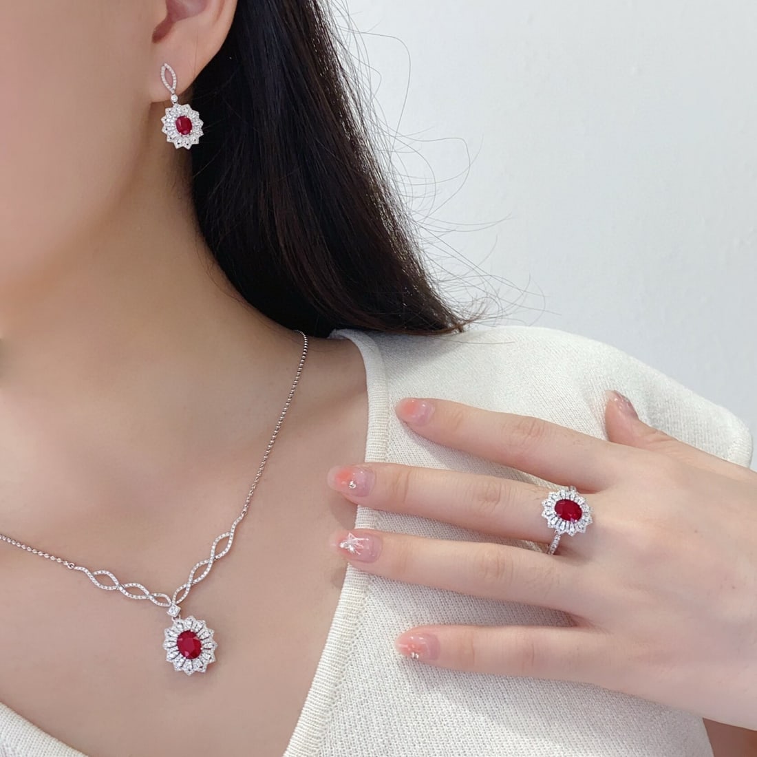 14k Gold 6.09 Ctw Natural Ruby & Diamond Jewelry Set - 2