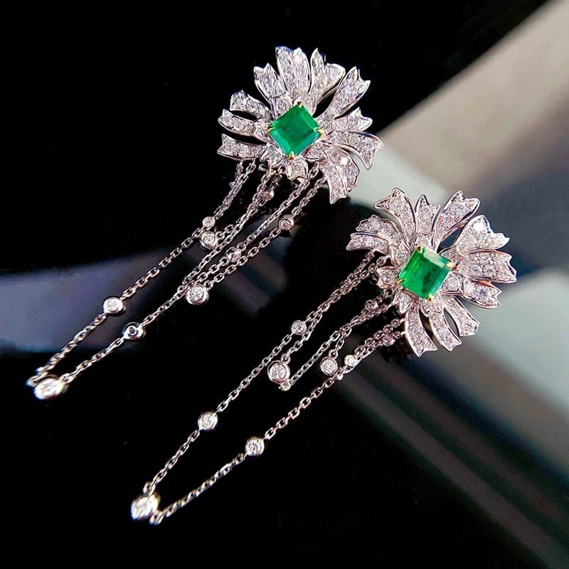 14k Gold 2.26 Ctw Vivid Green Natural Emerald & Diamond Earrings - 3