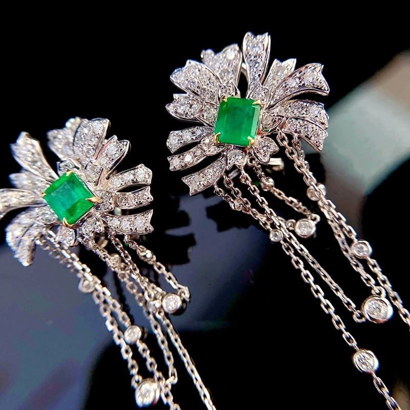 14k Gold 2.26 Ctw Vivid Green Natural Emerald & Diamond Earrings - 5