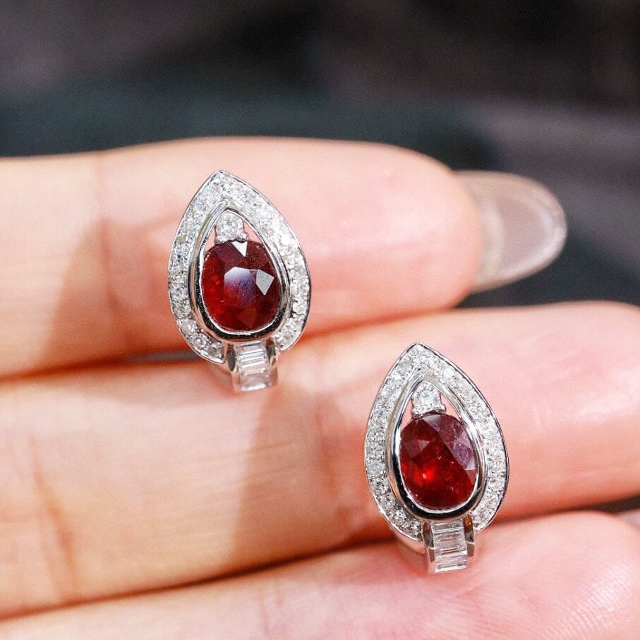 14k Gold 1.92 Ctw Vivid Red Natural Ruby & Diamond Earrings - 2