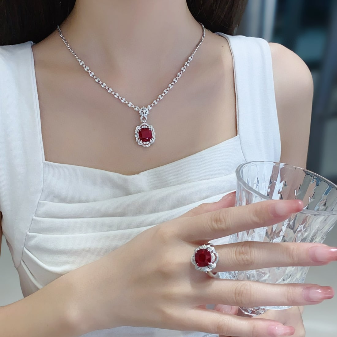 14k Gold 11.74 Ctw Vivid Red Natural Tourmaline & Diamond Jewelry Set - 7