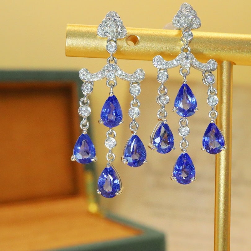 14k Gold 4.47 Ctw Natural Sapphire & Diamond Earrings - 3