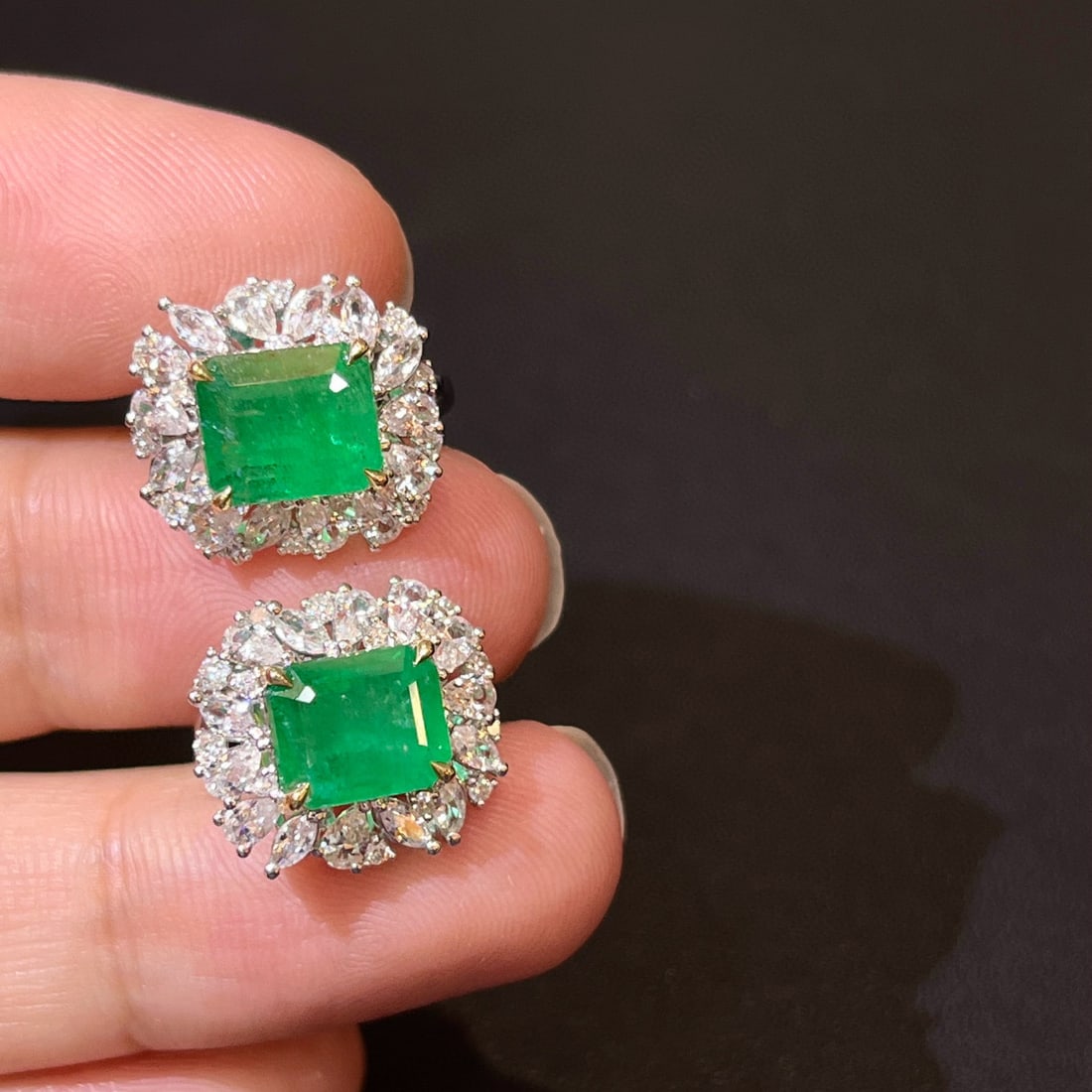 14k Gold 4.19 Ctw Vivid Green Natural Emerald & Diamond Earrings - 3