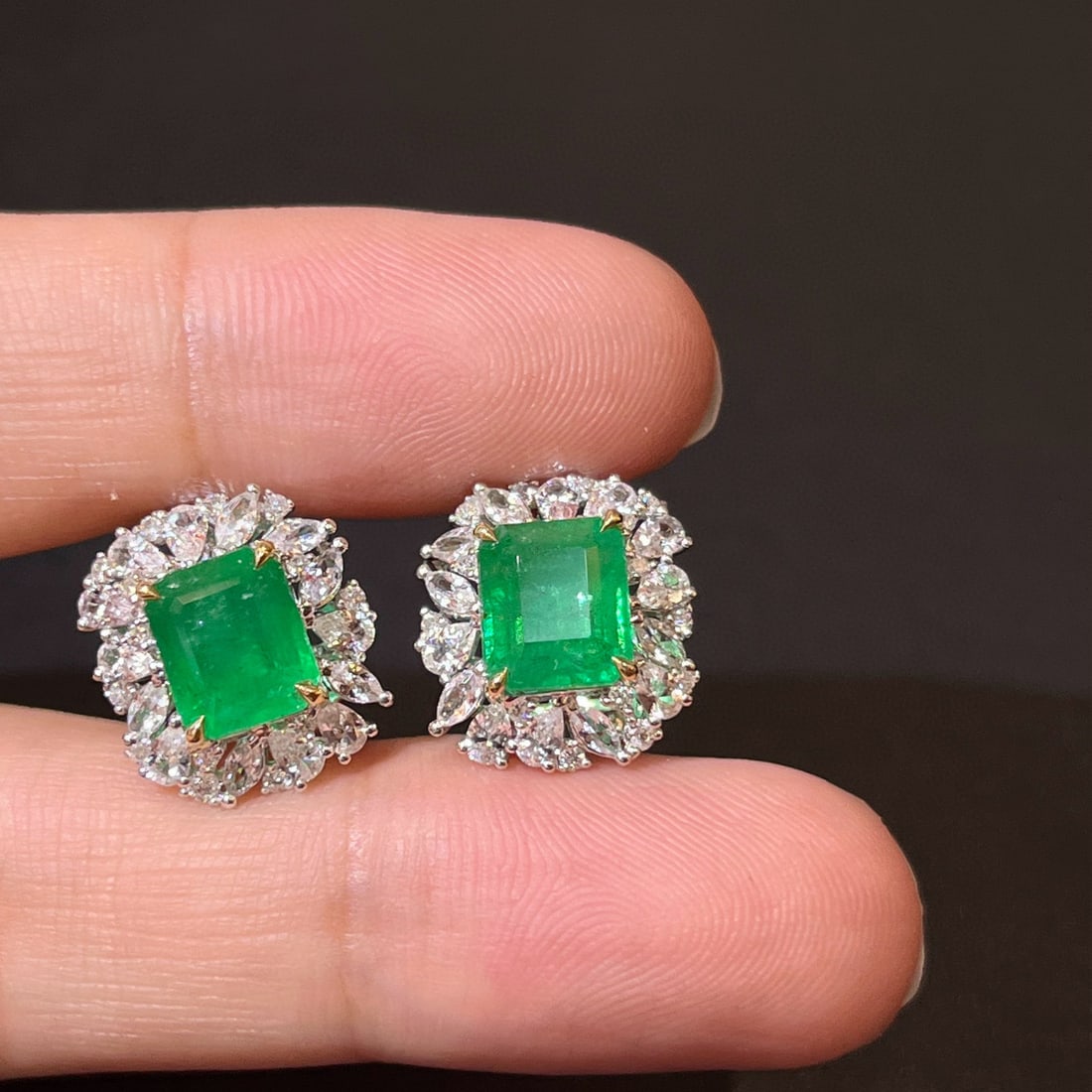 14k Gold 4.19 Ctw Vivid Green Natural Emerald & Diamond Earrings - 4
