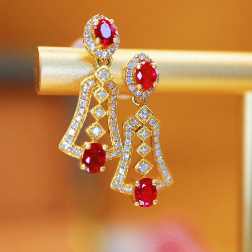 14k Gold 0.87 Ctw Natural Ruby & Diamond Earrings - 2