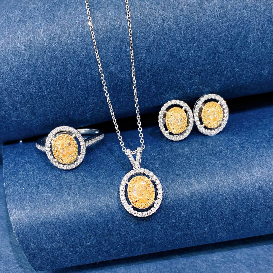 14k Gold 2.74 Ctw Natural Yellow Diamond & Diamond Jewelry Set: Ref:230944162 // gold content:14k gold // ring size:7. 25us // // ring // main gemstone:yellow diamond // shape:oval // carat weight:0. 51ct // color:yellow // treatment:natural // // adjacent