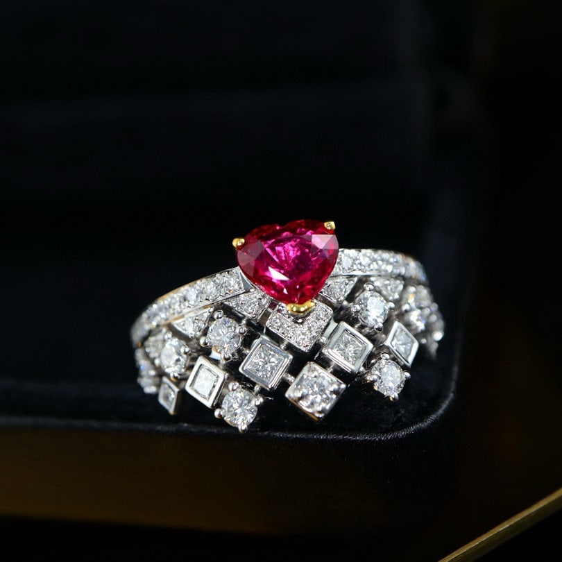 14k Gold 1.58 Ctw Natural Ruby & Diamond Ring: Ref:230944163 // gold content:14k gold // ring size:7. 25us // // main gemstone:ruby // shape:heart // carat weight:0. 88ct // color:red // treatment:natural // // adjacent gemstone 2 : diamond // sha