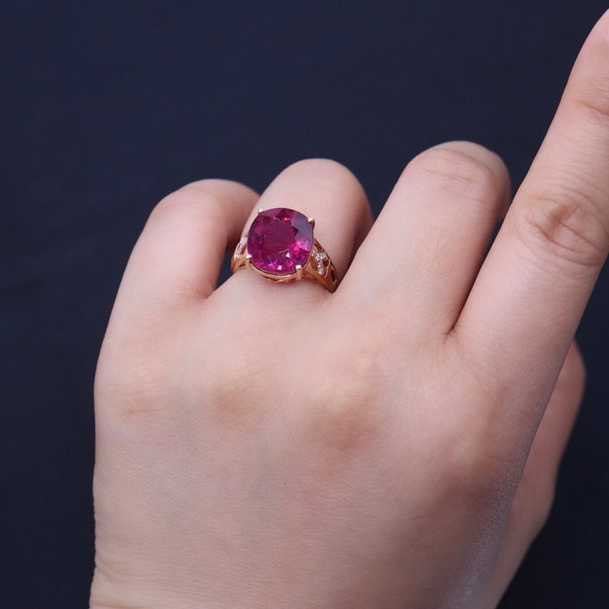 14k Gold 7.63 Ct Natural Tourmaline & Diamond Ring - 6