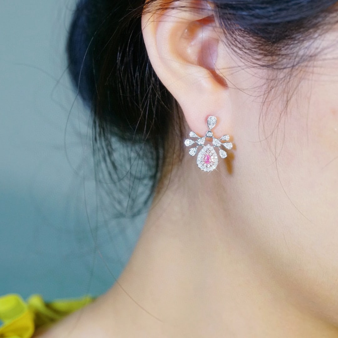 14k Gold 0.70 Ctw Natural Pink Diamond & Diamond Earrings - 2