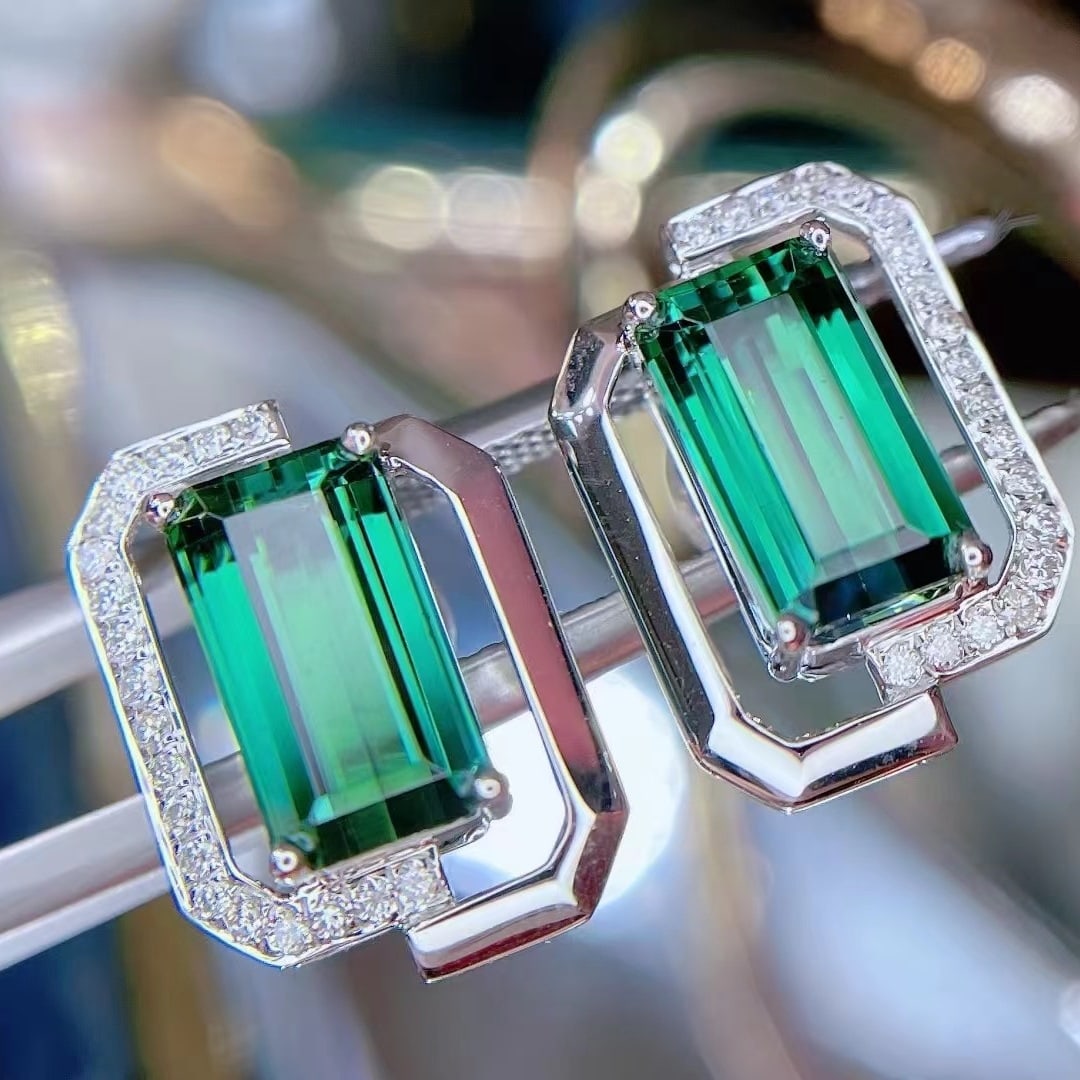 14k Gold 4.31 Ctw Natural Tourmaline & Diamond Earrings - 2