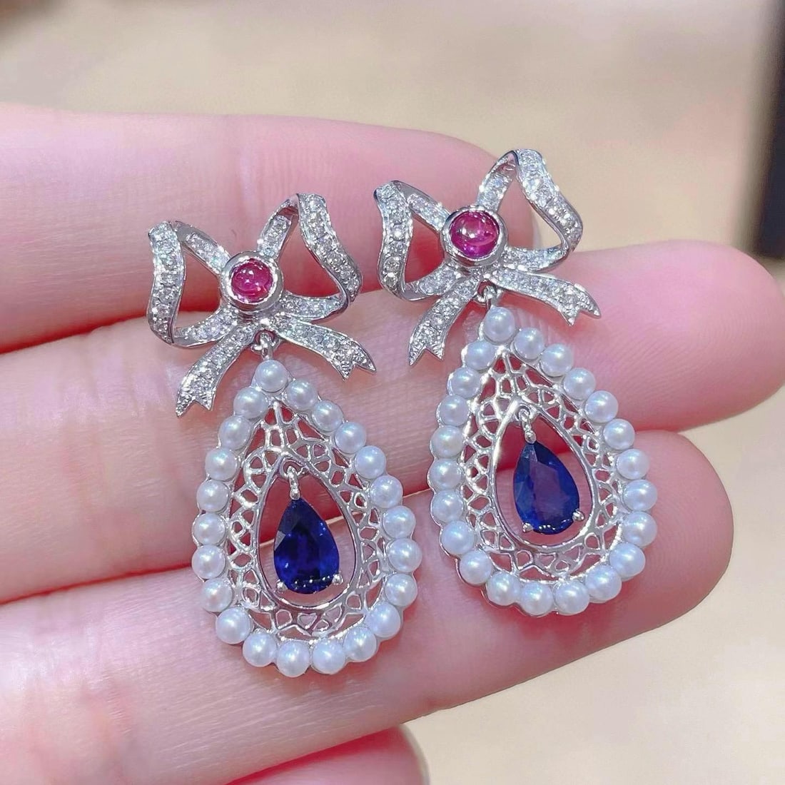 14k Gold 1.20 Ctw Natural Sapphire & Diamond Earrings - 2