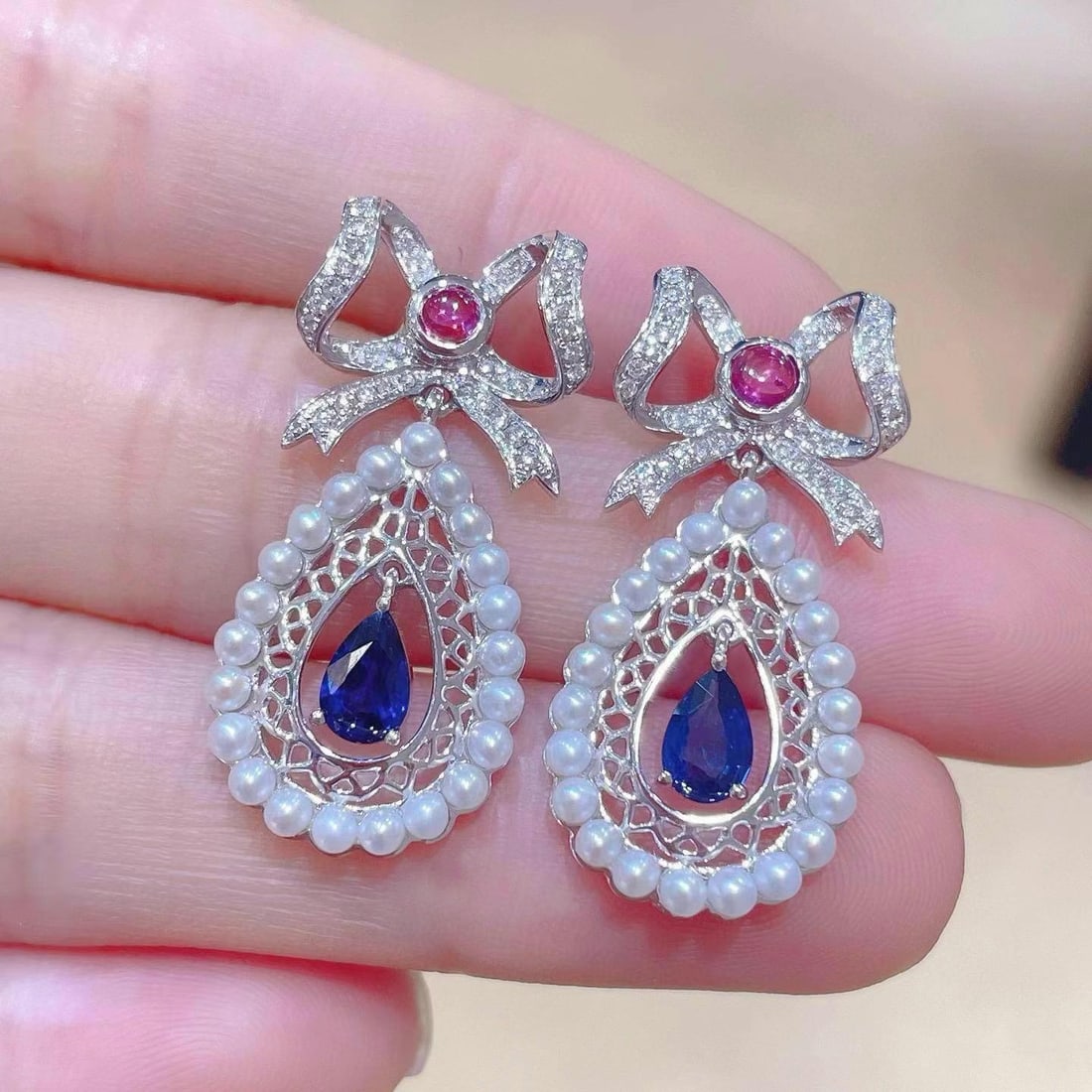 14k Gold 1.20 Ctw Natural Sapphire & Diamond Earrings - 3
