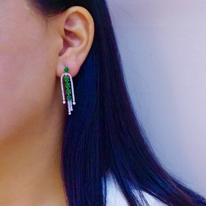 14k Gold 3.17 Ctw Vivid Green Natural Emerald & Diamond Earrings - 2