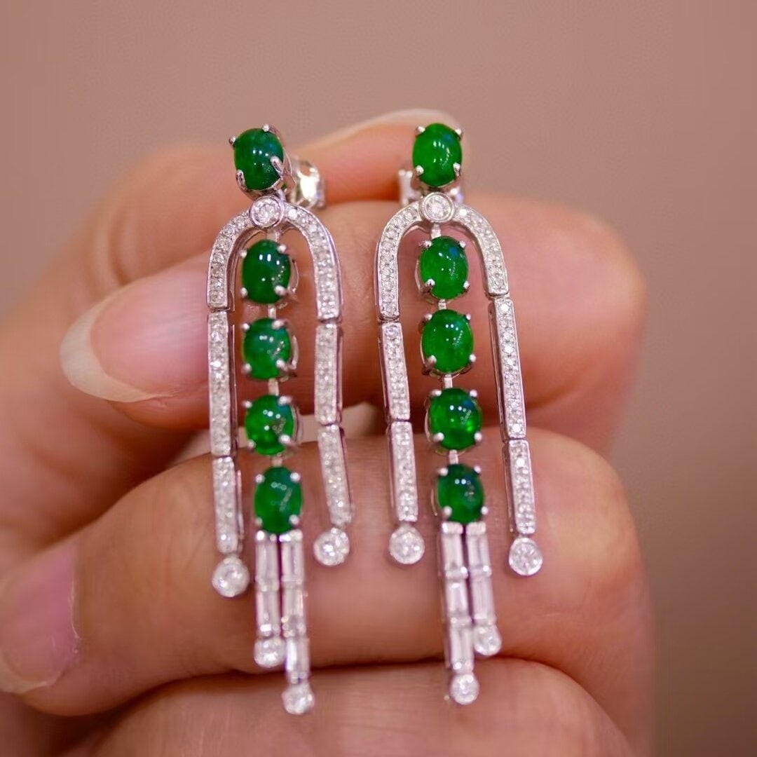 14k Gold 3.17 Ctw Vivid Green Natural Emerald & Diamond Earrings - 4