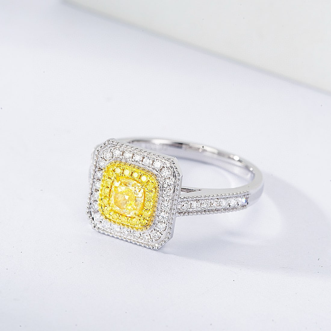14k Gold 0.81 Ctw Natural Yellow Diamond & Diamond Ring: Ref:230944250 // gold content:14k gold // ring size:7. 25us // // main gemstone:yellow diamond // shape:cushion // carat weight:0. 51ct // color:yellow // treatment:natural // // adjacent gemstone