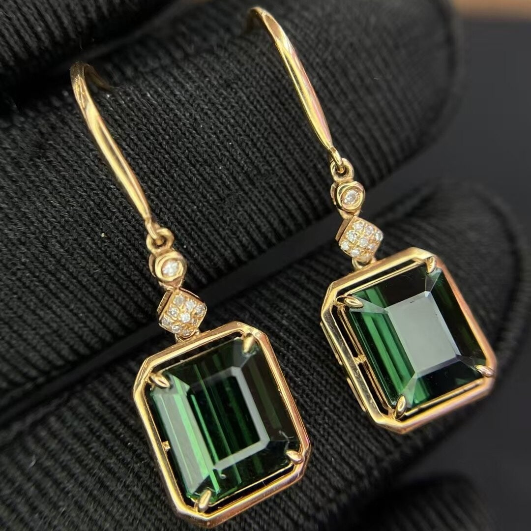14k Gold 4.4 Ct Natural Tourmaline & Diamond Earrings - 3