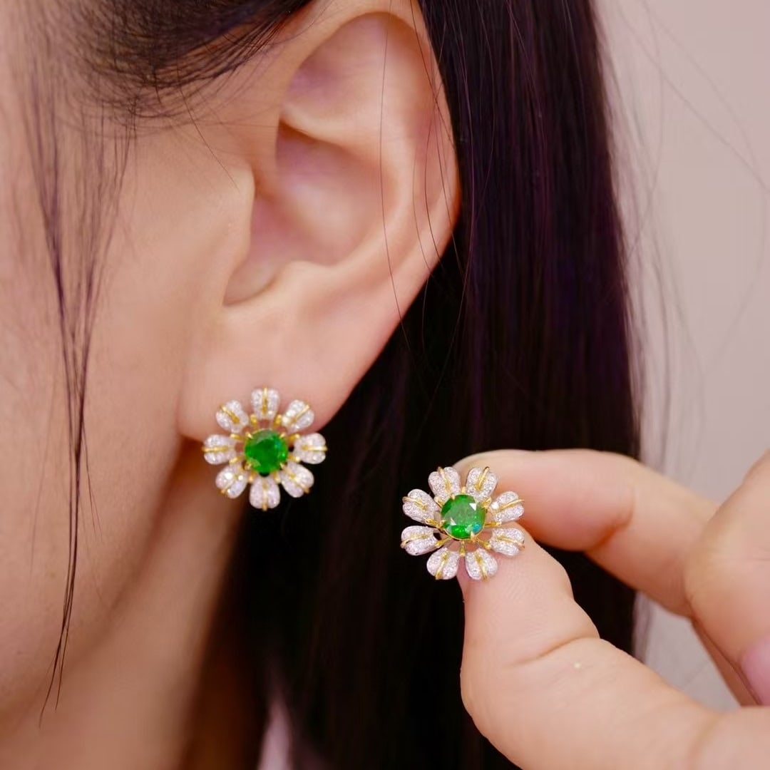 14k Gold 1.84 Ctw Vivid Green Natural Tsavorite & Diamond & Flowers Earrings - 5