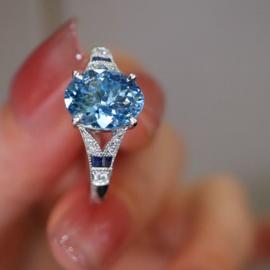 14k Gold 1.31 Ct Natural Aquamarine & Diamond & Sapphire & Art Deco Ring - 3