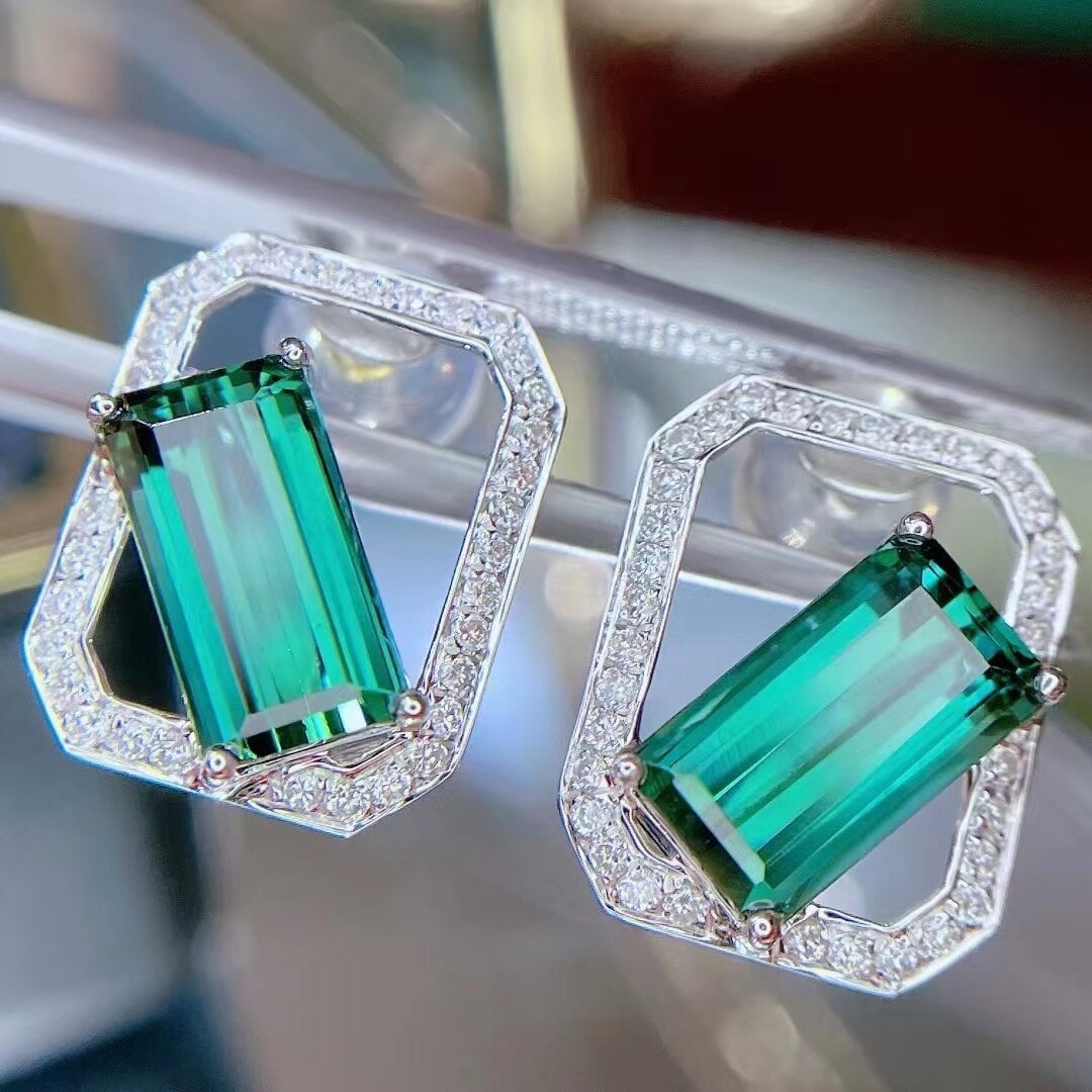 14k Gold 4.13 Ctw Natural Tourmaline & Diamond Earrings - 2